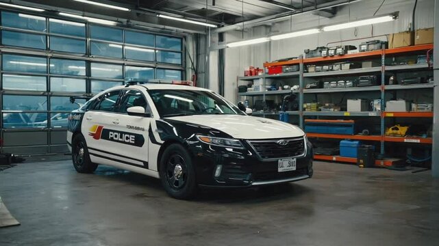 Police car in the workshop.