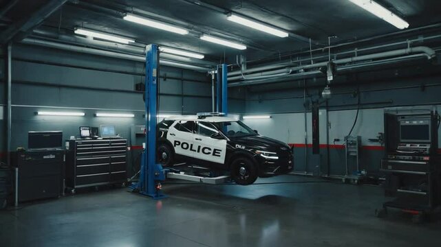Police car in the workshop.