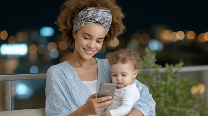 Mother monitoring home security updates with baby in her arms