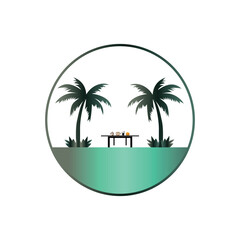  Tropical beach logo featuring palm trees and a drink table in a relaxing summer vacation scene