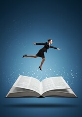 Businesswoman Jumping From an Open Book Illustration in Blue Background