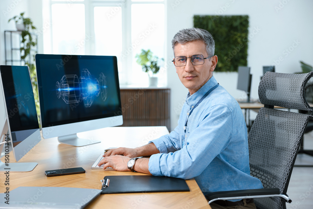 Poster engineer working with digital drawing at table in office