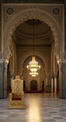 Magnificent Throne Room in Moroccan Palace: Intricate Architecture, Golden Throne, and Chandeliers