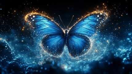 A beautiful blue butterfly with glowing golden sparkles