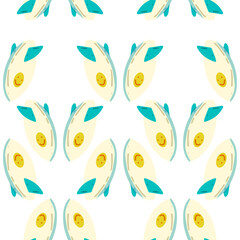 Yellow Turquoise Surfboard Seamless Pattern. Cartoon surfboards in yellow and turquoise arranged diagonally on a white background. Flat, playful and summer-inspired style.