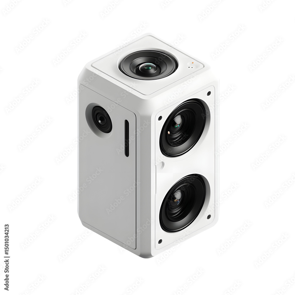 Poster compact dual-lens camera showcasing advanced imaging technology with a sleek design on a plain backg