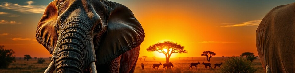 Naklejka premium elephant at sunset