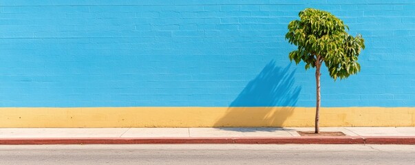 Tree against colorful wall urban nature scene exterior architecture background
