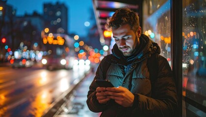 Obraz premium Man checks phone at bus stop, urban night with bokeh street lights