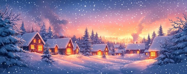 winter scene illustration of a snowy village at dusk, with glowing windows and a serene atmosphere, Generative AI
