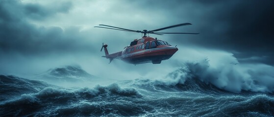 dramatic ocean rescue where helicopters hover above stormy waves, guiding a lifeboat to safety under a darkened sky, Generative AI