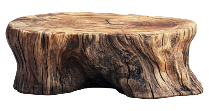 Rough Hewn Wood Stump Seat Isolated on a Transparent PNG Image
