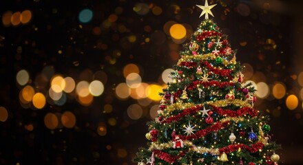 Christmas Tree Illuminated with Ornaments and Lights in Evening