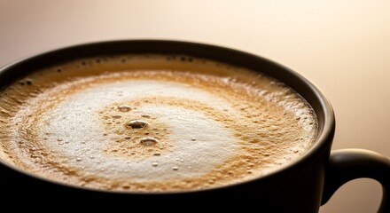 Close Up Photo Of Coffee In A Brown Mug With Foamy Top And Warm Lighting