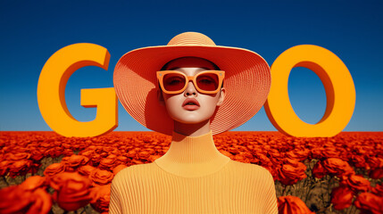 Woman in orange outfit with oversized hat – bold fashion abstract illustration concept with message GO in vibrant flower field, symbolizing confidence and forward motion.