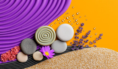 Vibrant zen flat lay with lavender, smooth stones and water drops – wellness composition with purple and orange abstract sandy textures.