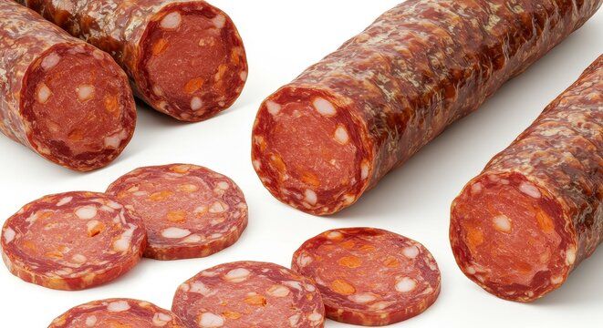 Close-Up Photo of Sliced Salami on White Background Delicious Meat Product