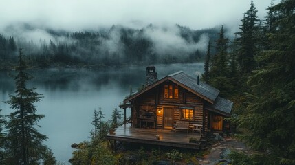 Fototapeta premium Misty Mountain Cabin on Lakeside Deck at Dawn