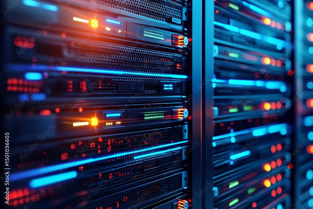 Poster data center with illuminated server racks and colorful lights.