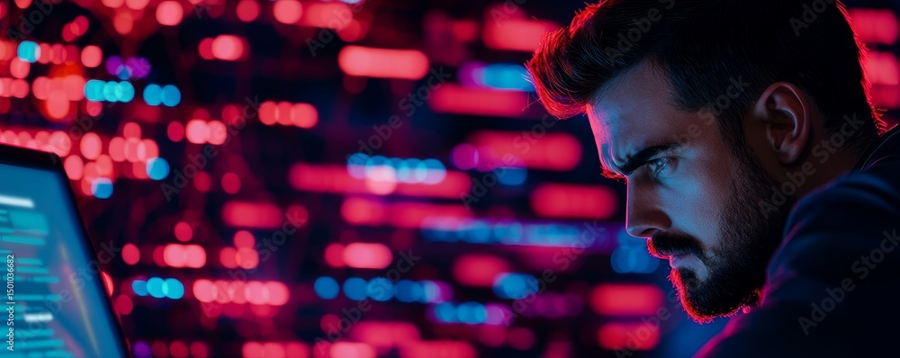 Aufkleber focused man working on a computer in a vibrant digital environment.