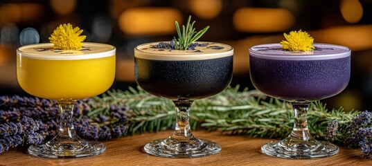 Fototapeta premium Assortment of Three Elegant Craft Cocktails with Distinct Garnishes on Blurred Bar Background