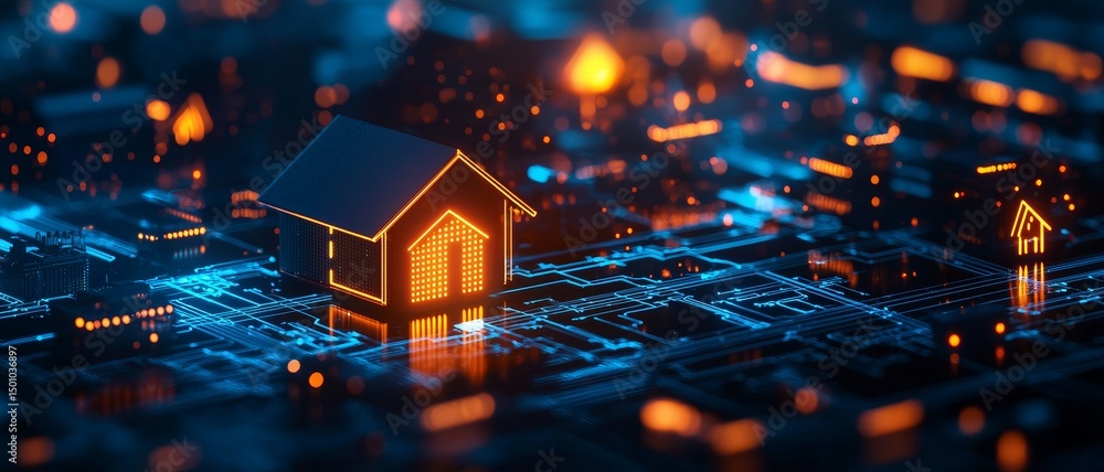 Poster digital representation of a house on a circuit board with glowing elements.