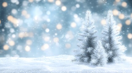 Snowy Winter Scene with Two Silver Christmas Trees