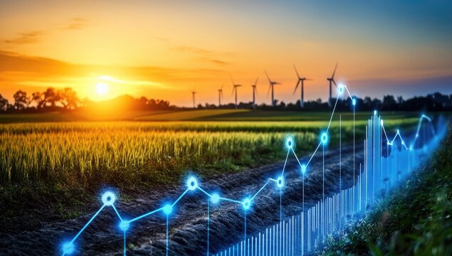 Sunrise over a field, showing a growing graph superimposed on a dirt road. Wind turbines are in the background