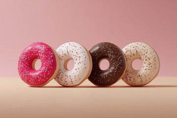 Four donuts in pastel shades on pink background