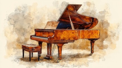 A grand piano with a matching bench, depicted in a watercolor style against a neutral background