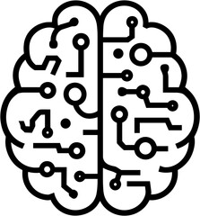 Stylized brain illustration with circuit patterns in black and white  