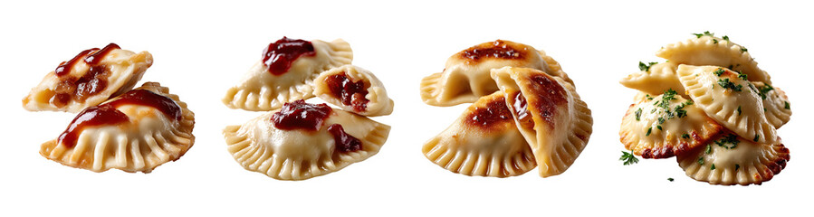 Dumplings with various sauces and herbs, delicious golden fried and steamed snacks