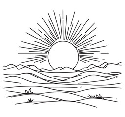 Fototapeta premium Minimalist Line Art: Desert Landscape with Rising Sun Illustration - Black and White Graphic Design for Prints & Wall Art Decor