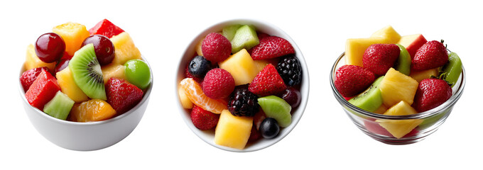 Fresh colorful fruit salad in white and glass bowls with strawberries and kiwi
