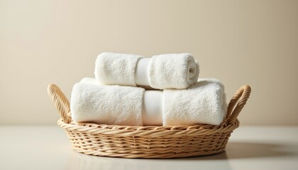 Soft white towels stacked neatly in a wicker laundry basket  