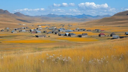 Rural village nestled in a golden valley