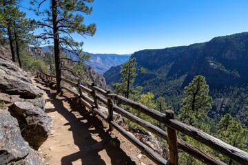 Scenic mountain trail landscape with rustic fence under clear blue sky