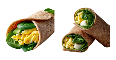 Scrambled egg and spinach wrap with whole wheat tortilla, fresh and healthy meal option