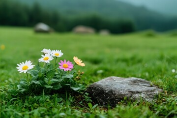 Obraz premium Lush meadow with wildflowers and rock in tranquil green landscape