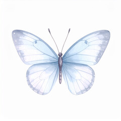 Delicate watercolor painting of fluttering butterfly isolated on white backdrop. Hand drawn