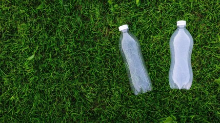 Two empty plastic bottles lying on fresh green grass symbolizing plastic waste, recycling awareness and environmental pollution ideal for ecology campaigns and sustainability visuals