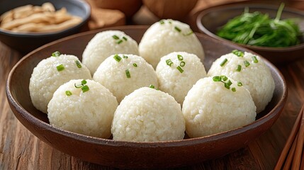Rice Balls Wooden Bowl Asian Cuisine.