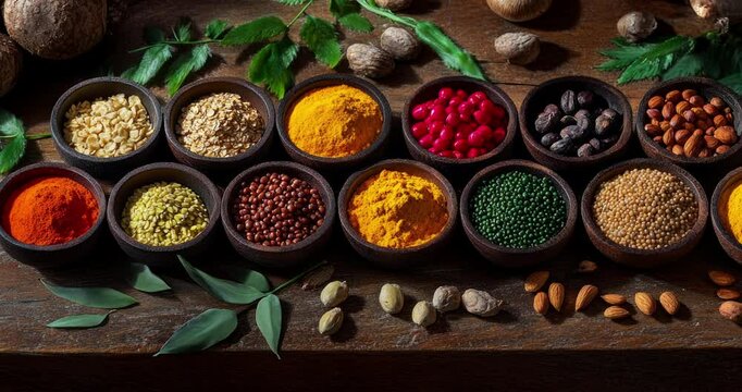 Colorful composition of various spices and herbs on a wooden background. Colorful array of healthy food including fruits and vegetables. Healthy eating. Top view with copy space