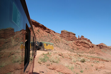 Beautiful landscape of Pingshan Hu Grand Canyon reflection in bus window, Zhangye City, Gansu Province in China