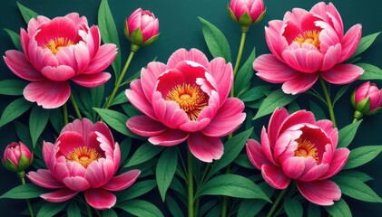 Obraz premium Bold peony blossoms, lush green leaves, intricate repeat, print, wallpaper design, texture