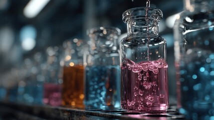 Colorful chemical liquids being poured into glass vials in a scientific lab environment, captured in motion with soft depth of field, ideal for biotech and research visuals