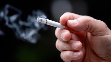 Close-up of a hand holding a lit cigarette with smoke curling in the air against a dark blurred background ideal for addiction awareness campaigns and tobacco-related illustrations