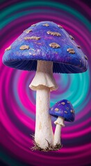 Digital Illustration of Detailed Blue and Gold Mushrooms on Psychedelic Background