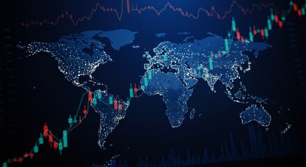 Digital Illustration of Global Stock Market Trading Data on World Map
