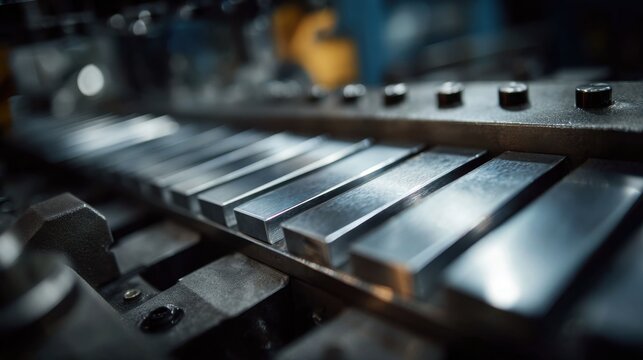 Close-up of polished metal bars aligned on an industrial production line with blurred mechanical parts in the background perfect for manufacturing, metallurgy and material precision themes